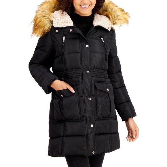 Steve Madden Juniors Faux-Fur-Trim Hooded Black Puffer Coat Small NWT - Picture 1 of 10